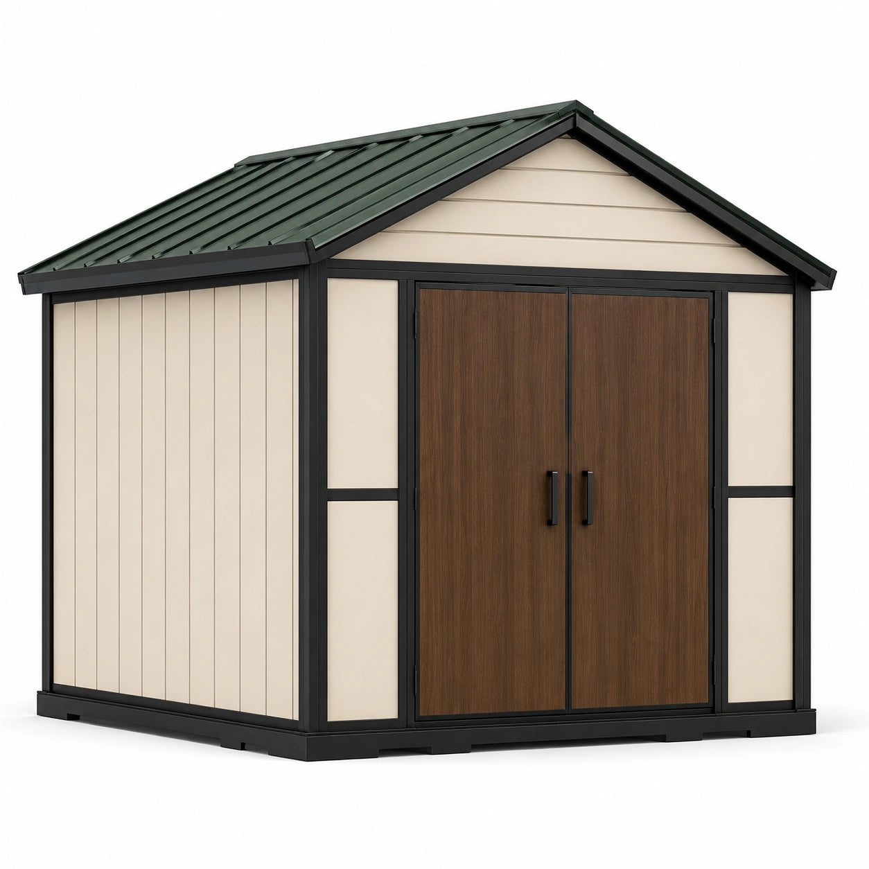 Caseta de Jardín de Resina con Puertas de Acabado Madera y Techo de Acero