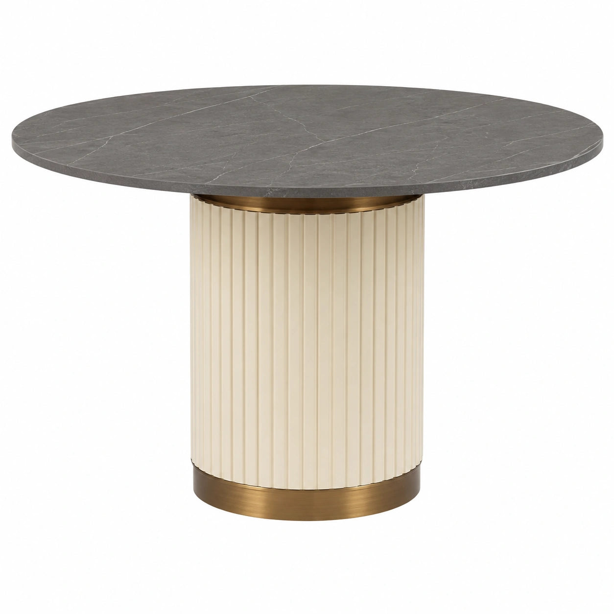 Mesa de comedor redonda de mármol y metal con base cilíndrica