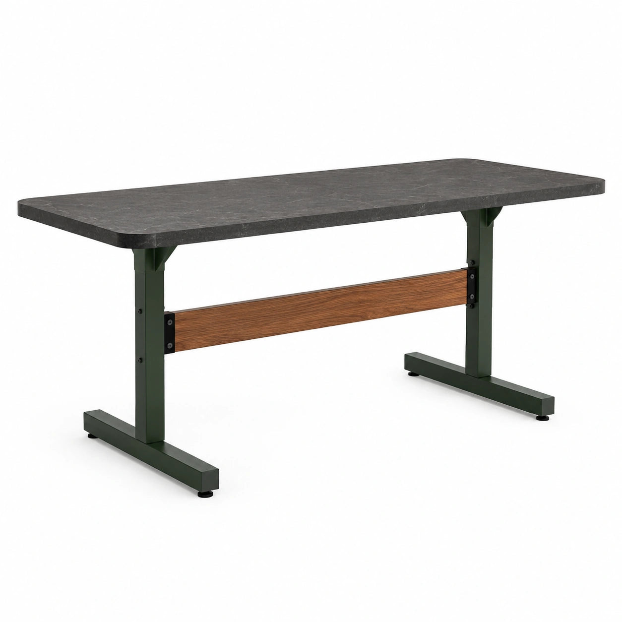 Mesa de comedor de piedra con patas metálicas verdes y barra de madera