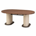 Mesa de comedor ovalada de madera y travertino