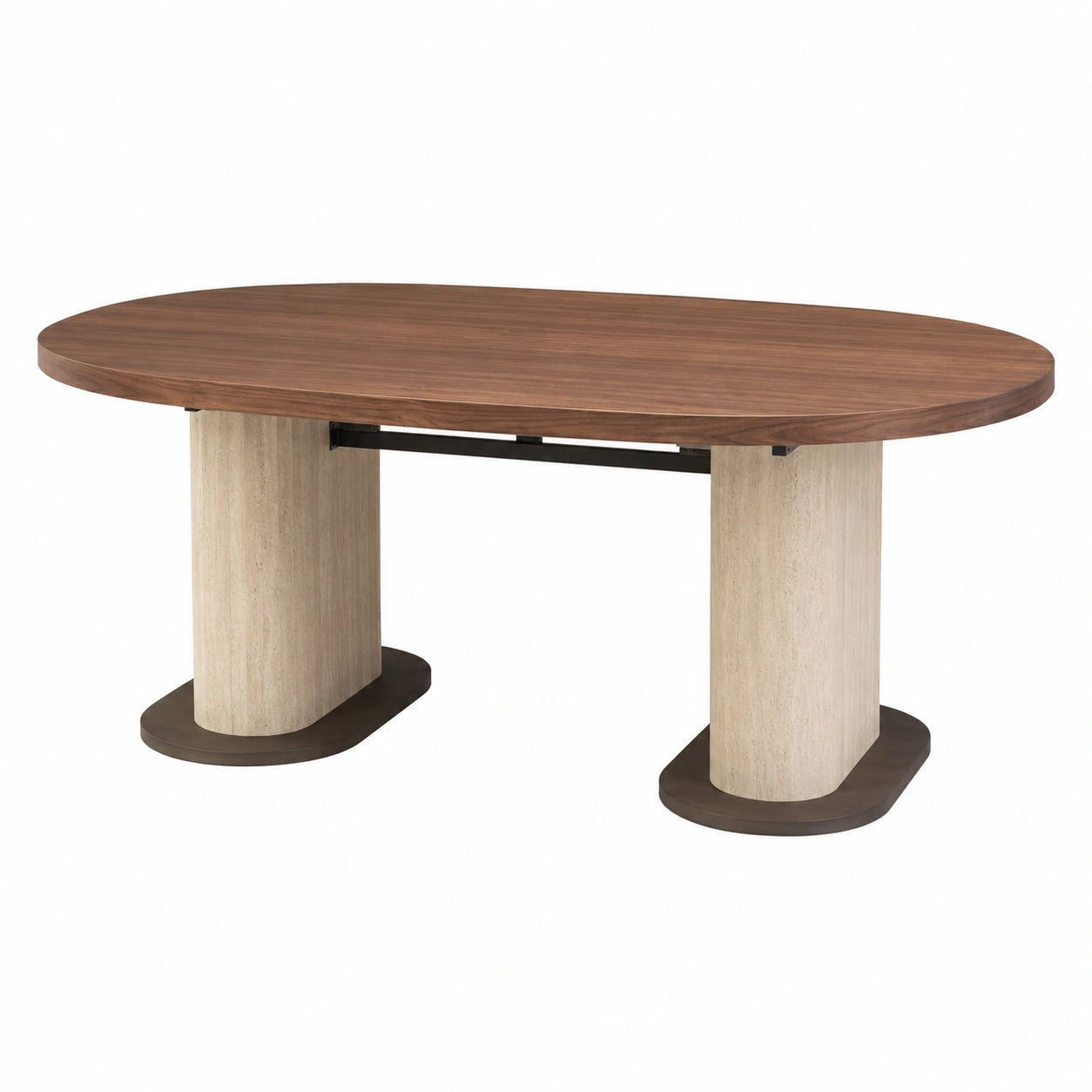 Mesa de comedor ovalada de madera y travertino