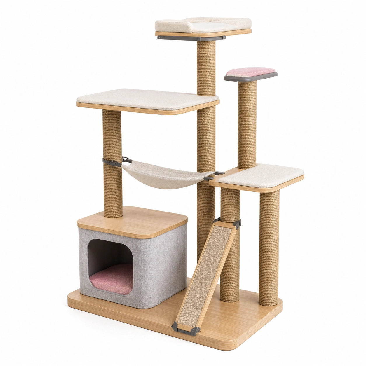 Árbol para Gatos de Madera, Sisal y Poliéster Multinivel con Rampa y Hamaca, Beige