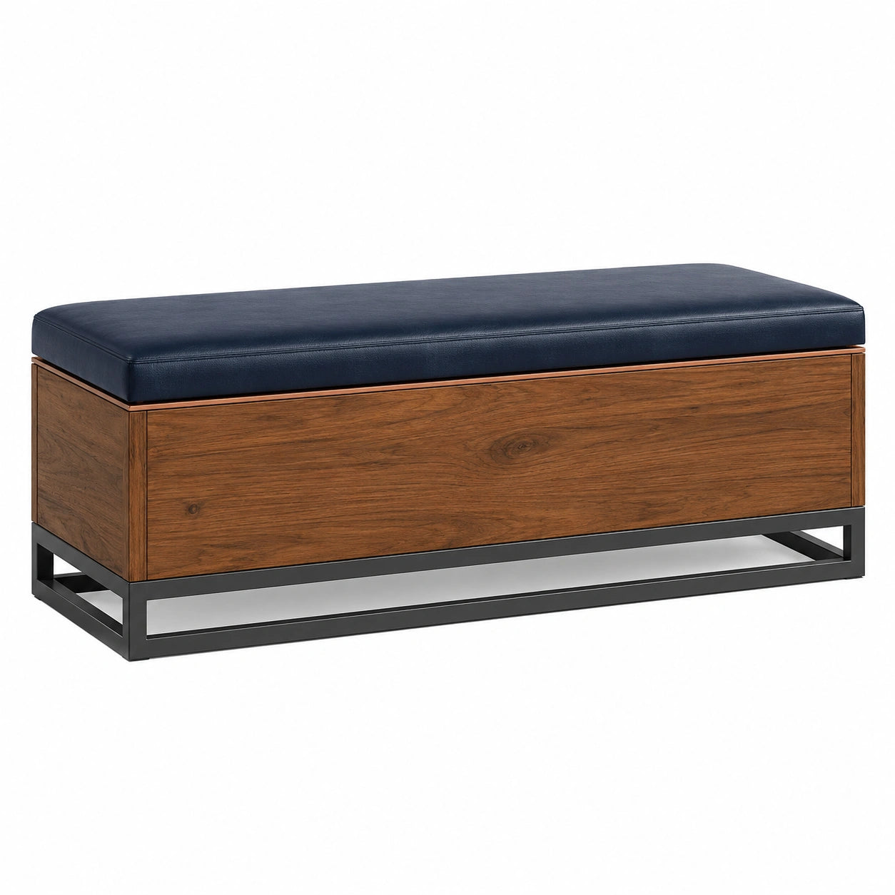 Banco de almacenamiento de madera y metal con cojín de cuero sintético azul