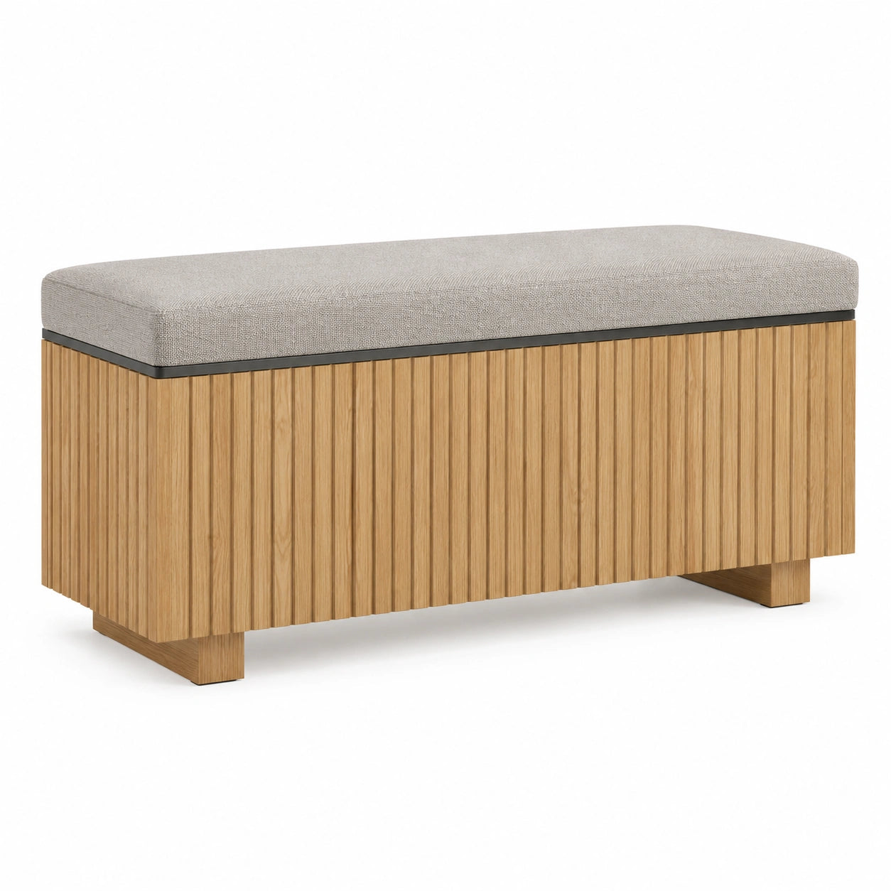 Banco de almacenamiento de madera con asiento de tela gris