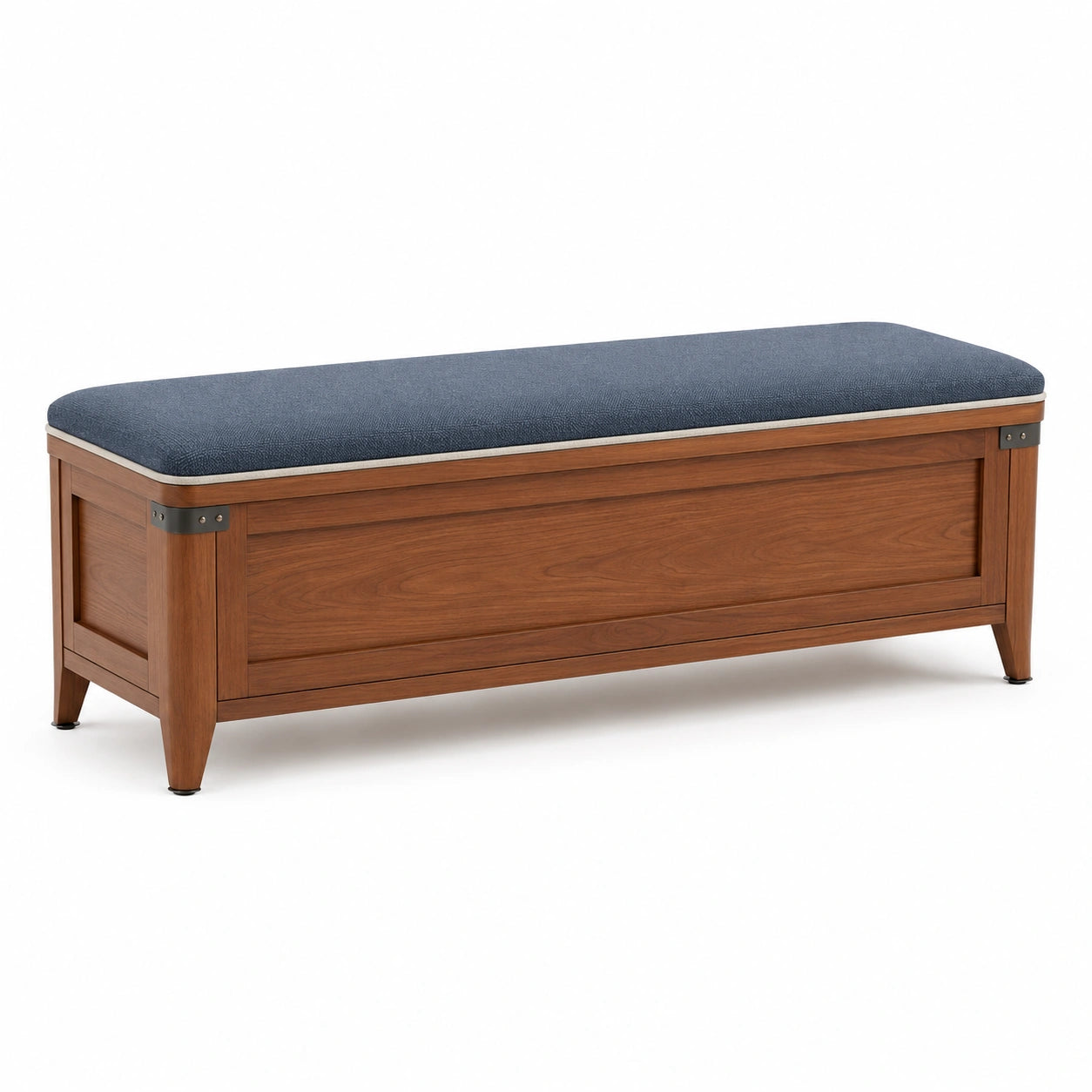Banco de almacenaje de madera y tela azul 140cm
