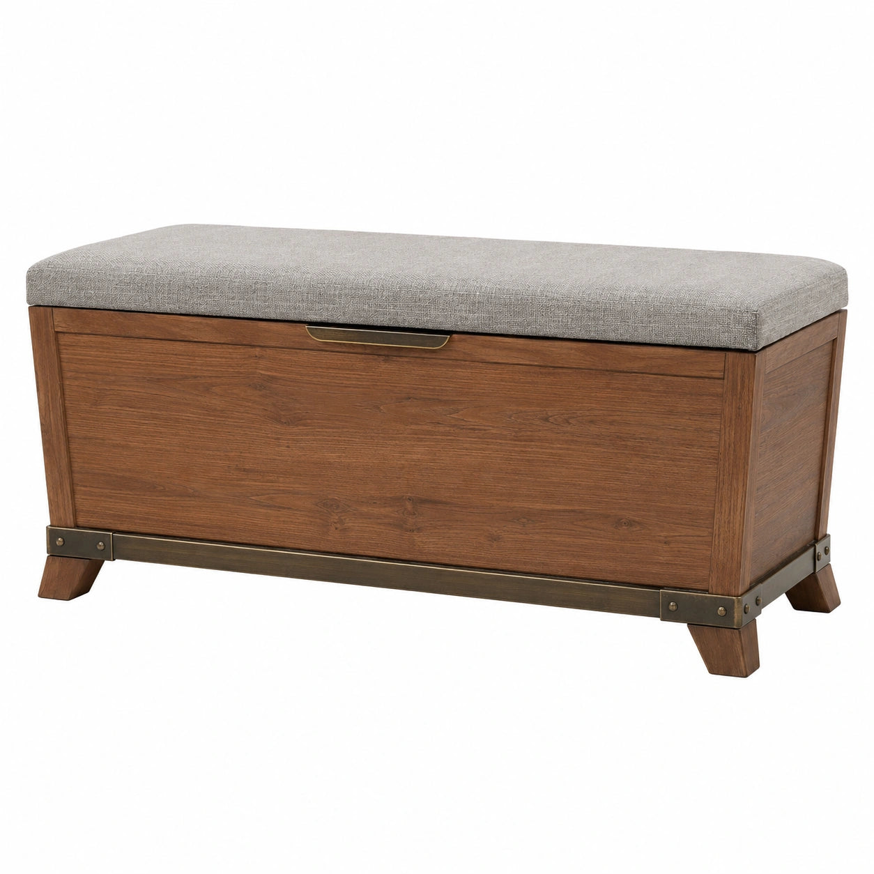 Banco de madera de roble con cojín gris y almacenamiento