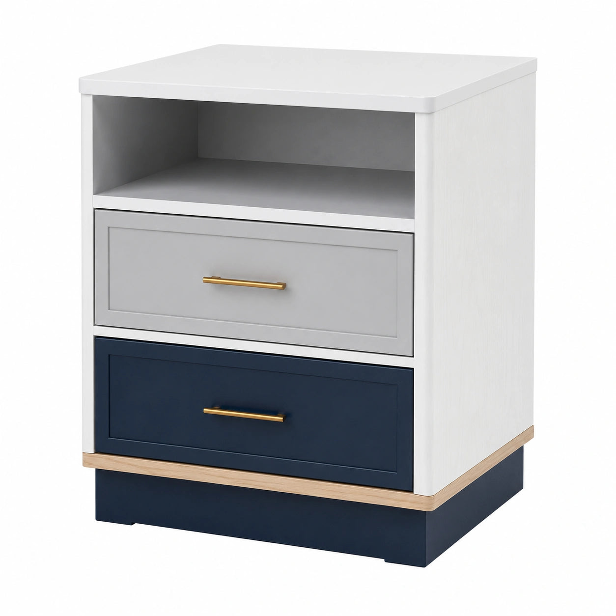 Mesita de Noche de Madera Compuesta con Cajones Blanco, Gris y Azul