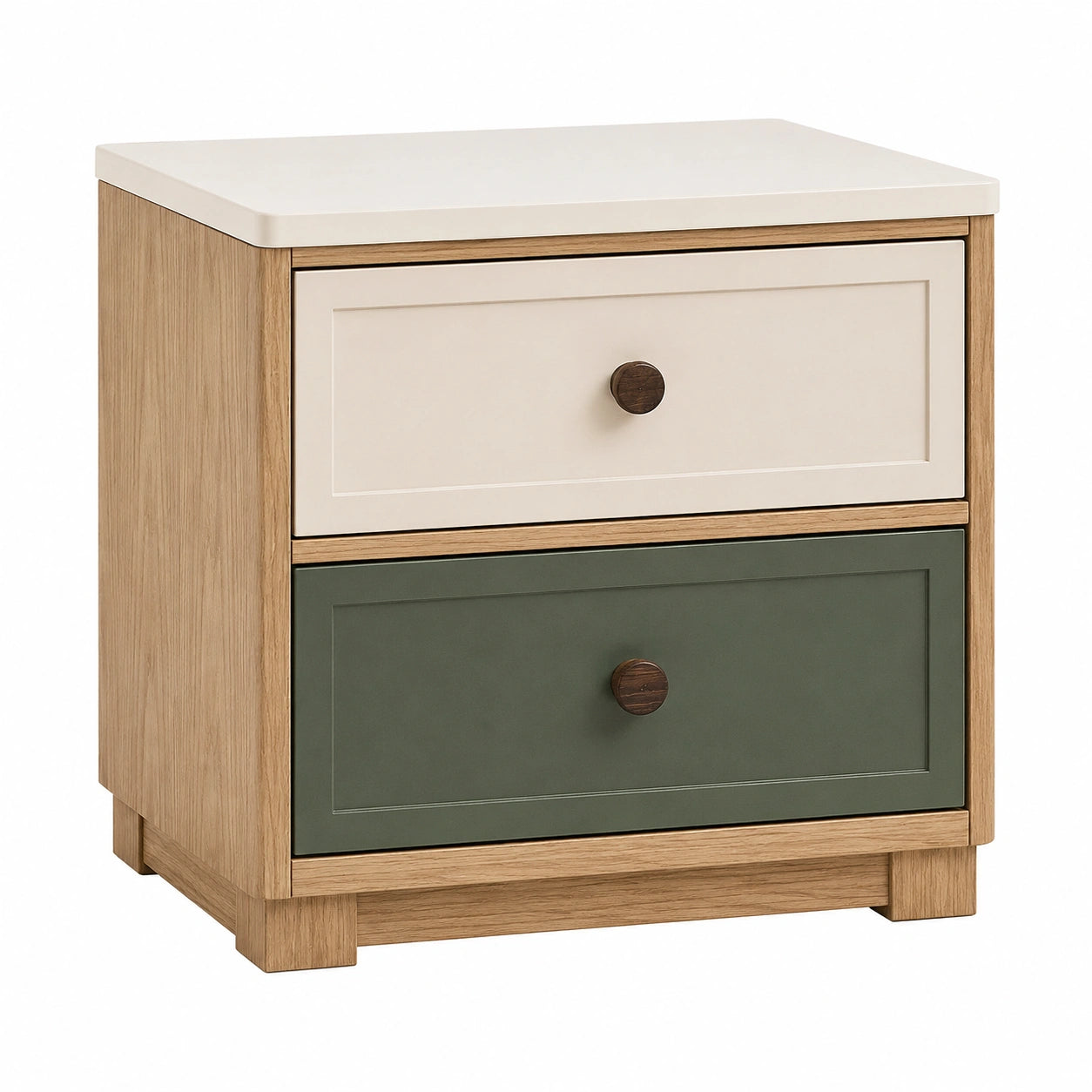 Mesita de Noche de Roble con Cajones Beige y Verde