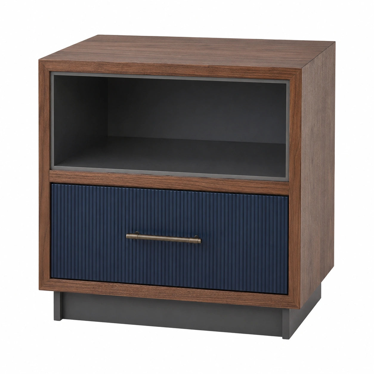 Mesita de Noche de Madera con Chapa de Nogal y Cajón Azul