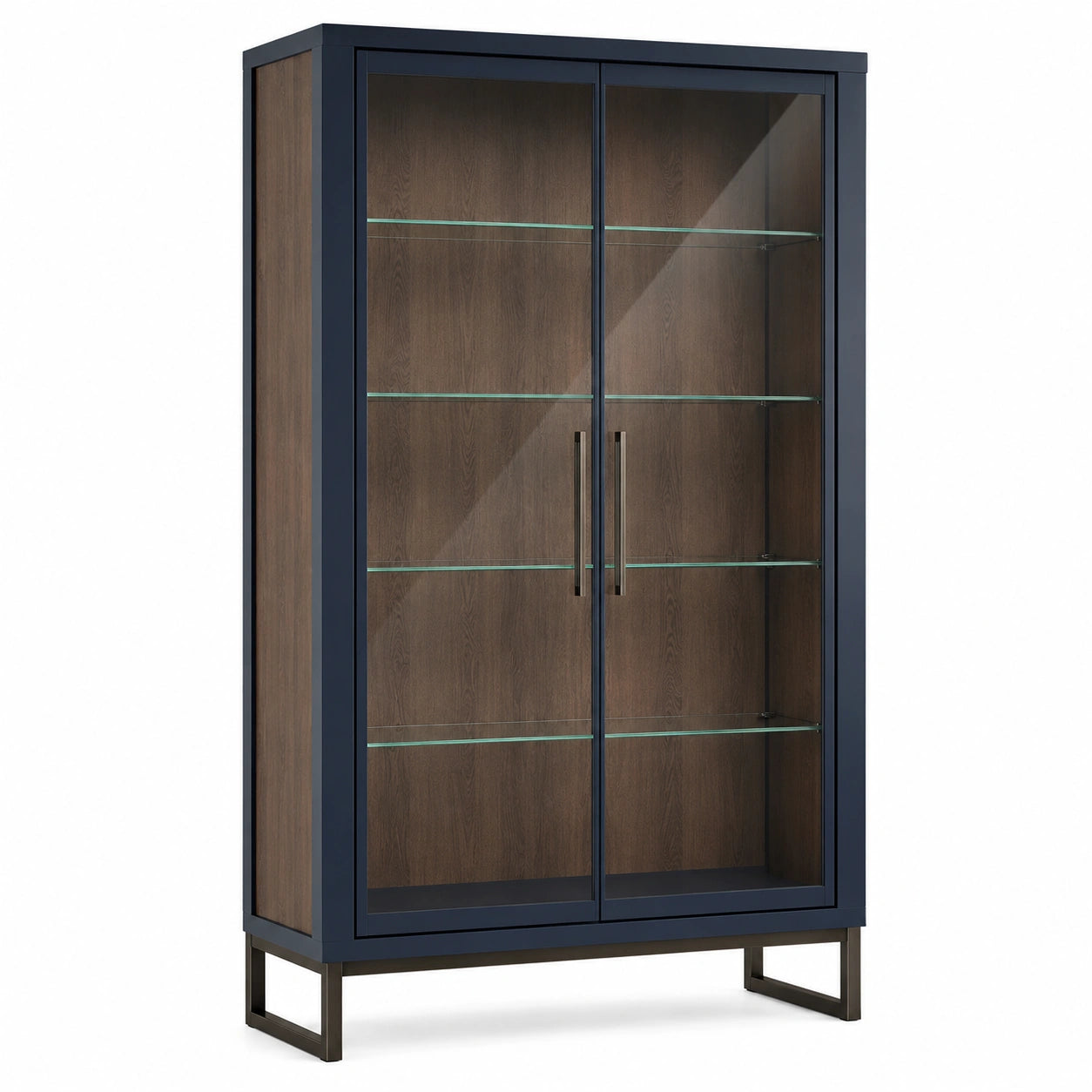 Vitrina de madera y metal azul con vidrio templado 120x40x200 cm
