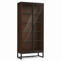 Vitrina de madera con puertas de vidrio templado y estructura de acero