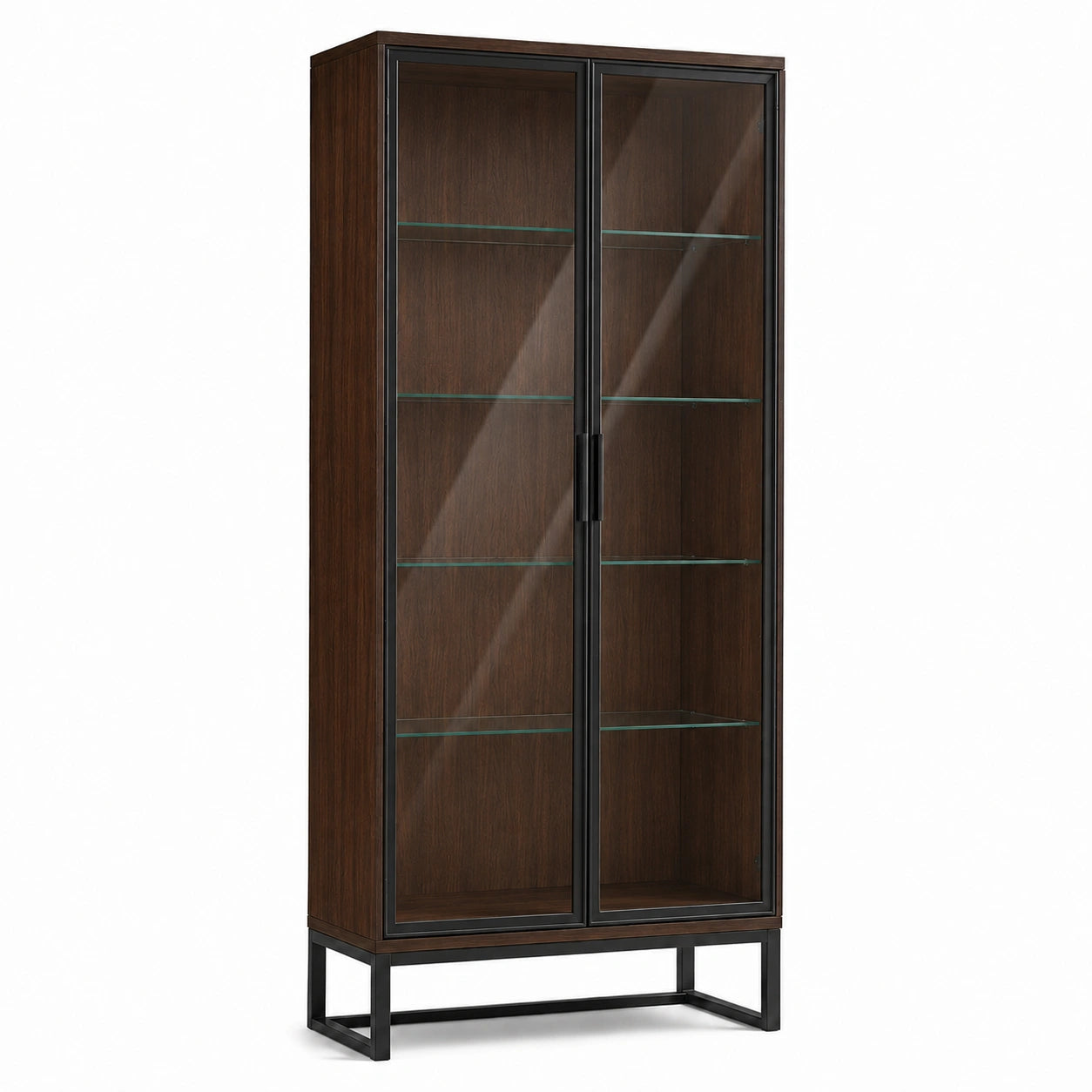 Vitrina de madera con puertas de vidrio templado y estructura de acero