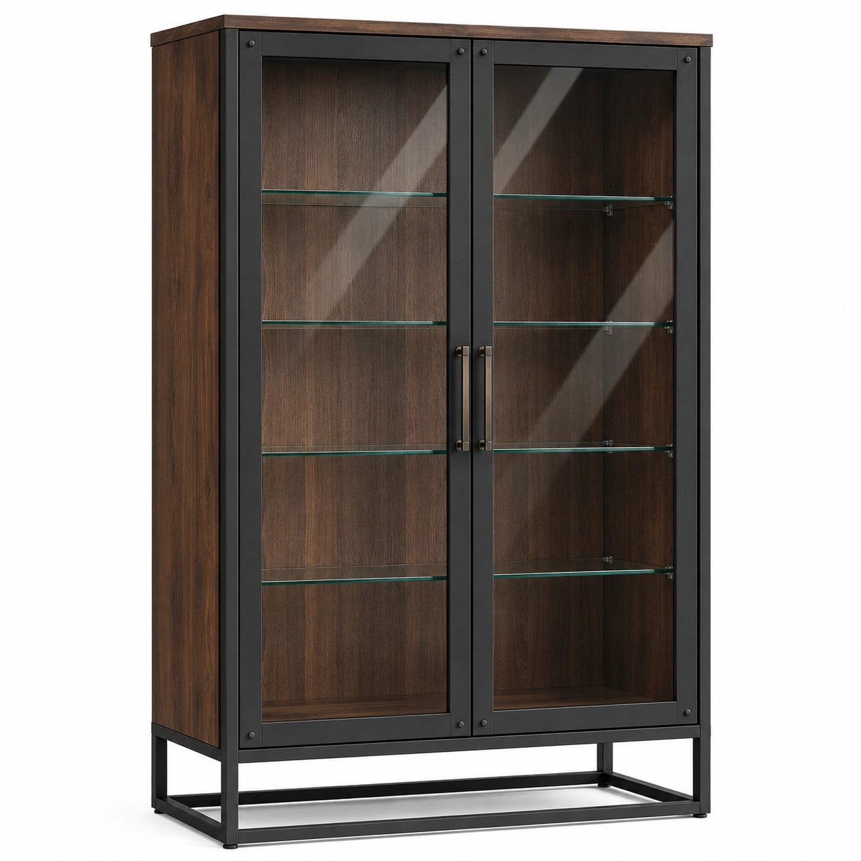 Vitrina de madera y metal con puertas de cristal templado