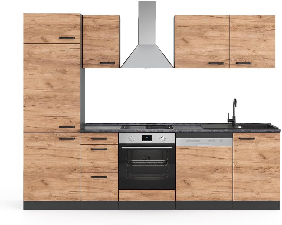 Vicco Küchenzeile, 270 cm, Eiche/Anthrazit, Optima, Goldkraft, ohne Arbeitsplatte, mit Hochschrank