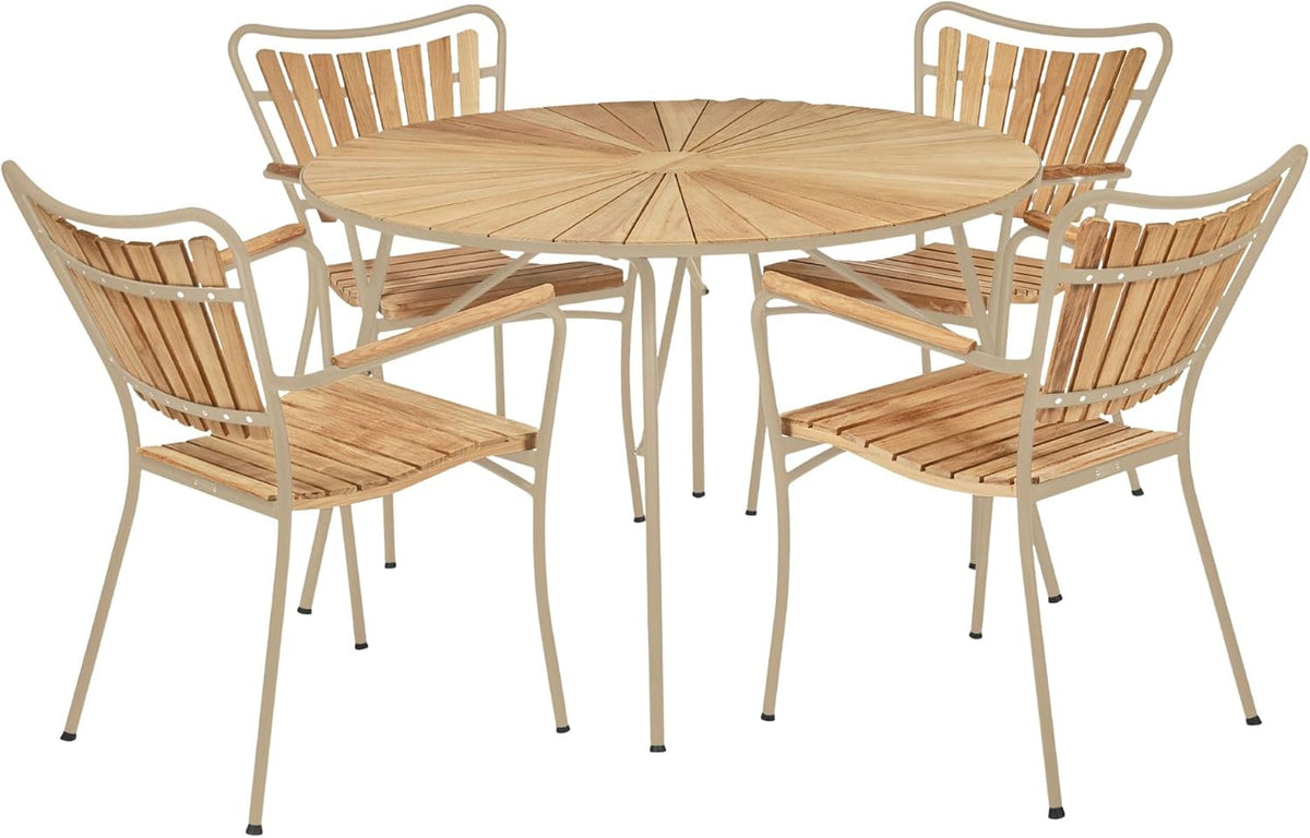 mandalay Essgruppe, 120 cm, Taupe/Holz, Marguerit Ø120 cm Gartenmöbel Set 4 Stühle mit runder Tisch