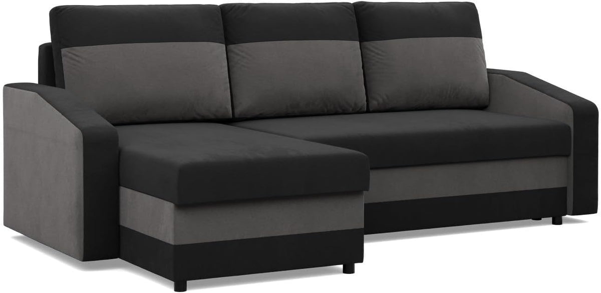 Sofa Mebligo, Schwarz/Grau, Ecksofa mit Schlaffunktion, Universelle Seite, Schwarz + Weiss (Mikro 15 + Mikro 27)
