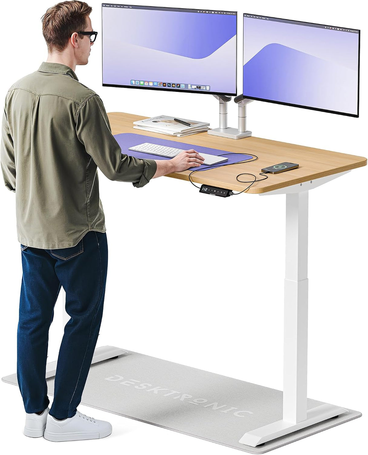 Desktronic Schreibtisch, 140 × 70 cm, Holz/Weiss, Homeone Höhenverstellbarer, Elektrischer Mit Zwei Elektrischen Motoren