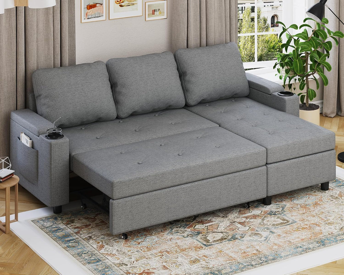 Sofa Devoko, Hellgrau, Ecksofa mit Schlaffunktion und Bettkasten L-Form 3-Sitzer