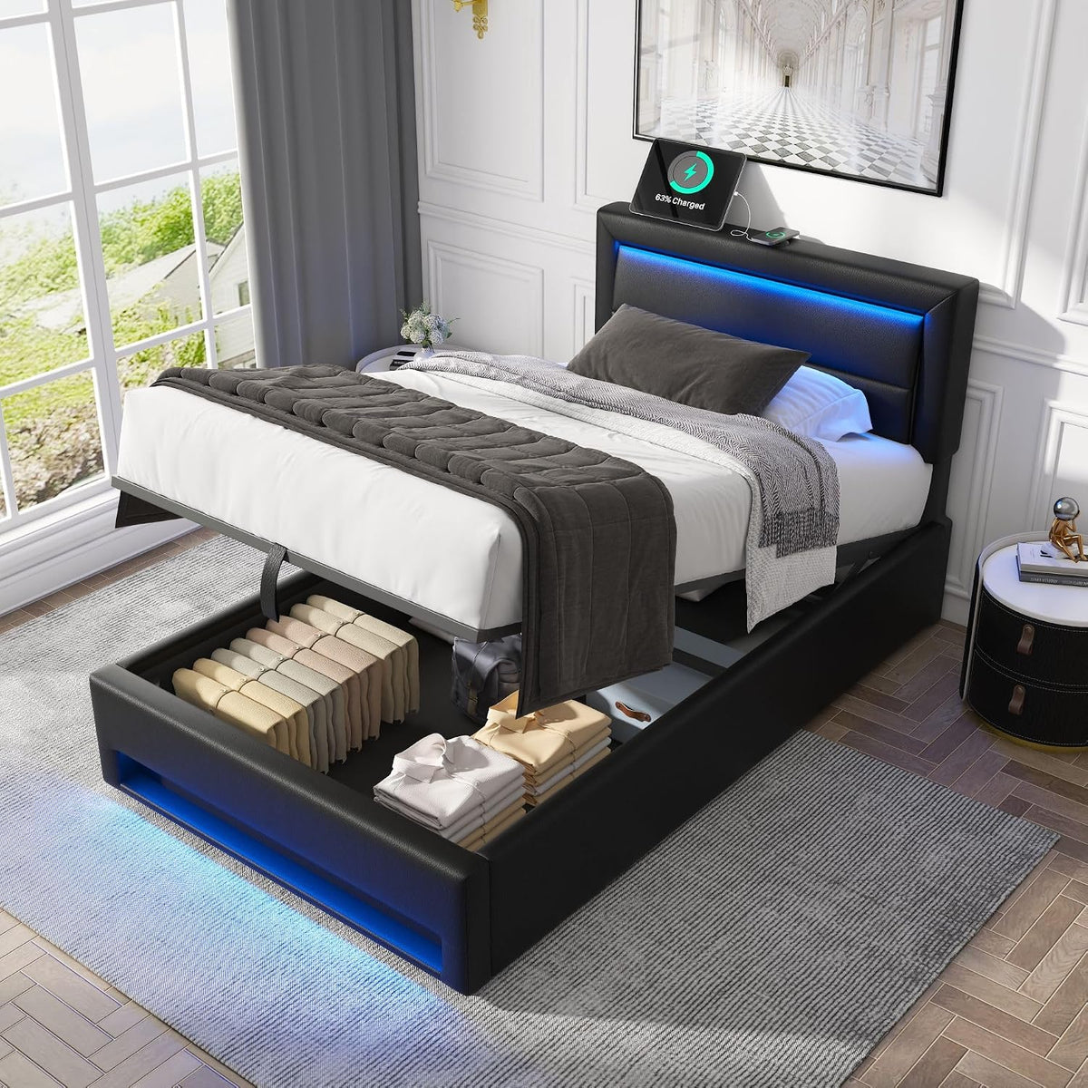 Dolamaní Bett, 90 x 200 cm, Schwarz, Boxspringbett mit Bettkasten und grosse Stauraum, Polsterbett mit Kopfteil und Fussteil mit LE/D