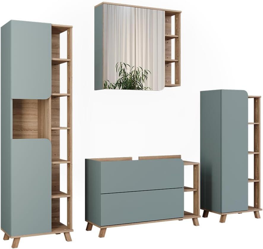 Vicco Komplettprogramme, 100 cm, Das Badmöbel-Set besteht aus einer pflegeleichten Spanplatte, 16 mm, mit einer Melaminharzbeschichtung., Sonoma/Blau