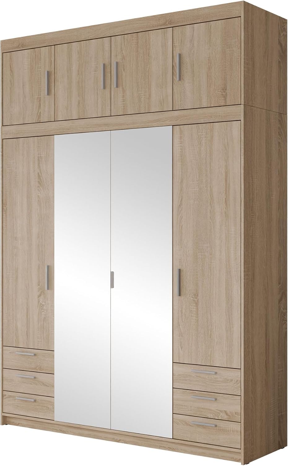 Mirjan24 Kleiderschrank, Sonoma Eiche, Schlafzimmerschrank, Elena 4D6S mit Frontspiegel und 6 Schubladen, Mit Schrankaufsatz)