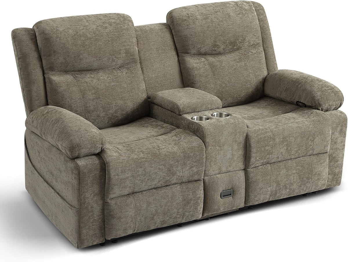 Consofa Relaxsessel, 175 cm, Kamel, Fernsehsessel mit Liegefunktion, 2 Sitzer Sofa TV Sessel mit Konsole, Steckdose und Schublade