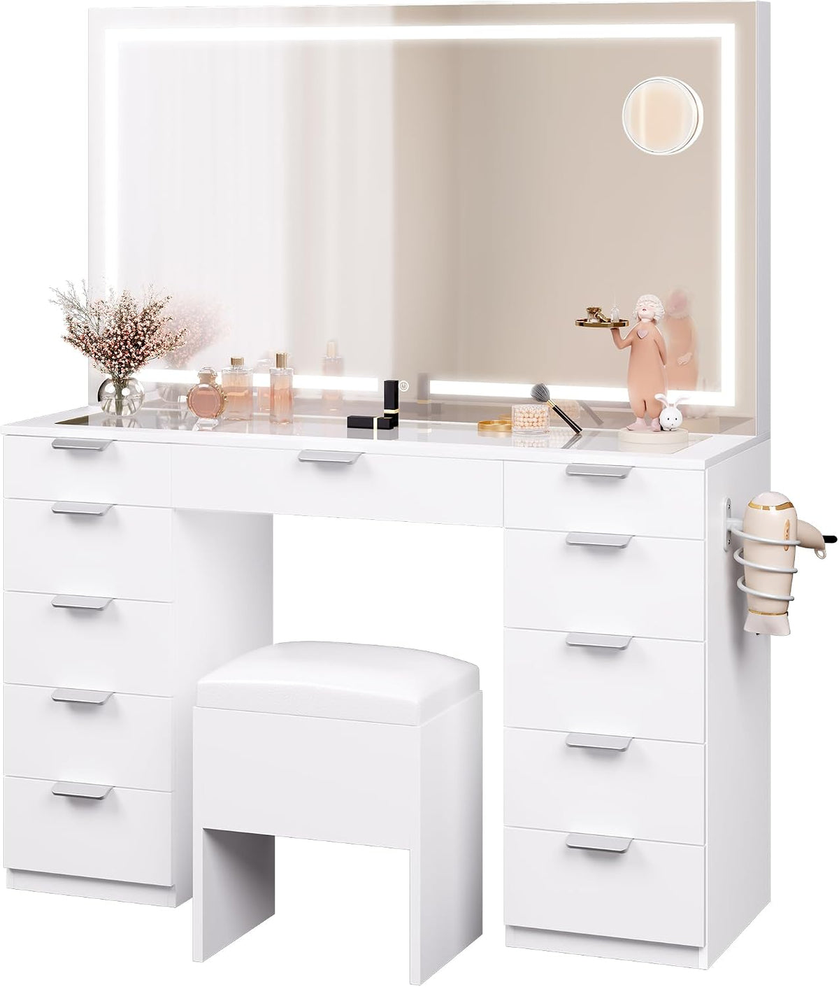 YITAHOME Schminktisch, Weiss, Kosmetiktisch, mit LED-Beleuchtung, 3 Farben mit Einstellbarer Helligkeit, Frisiertisch mit Spiegel für Make-up