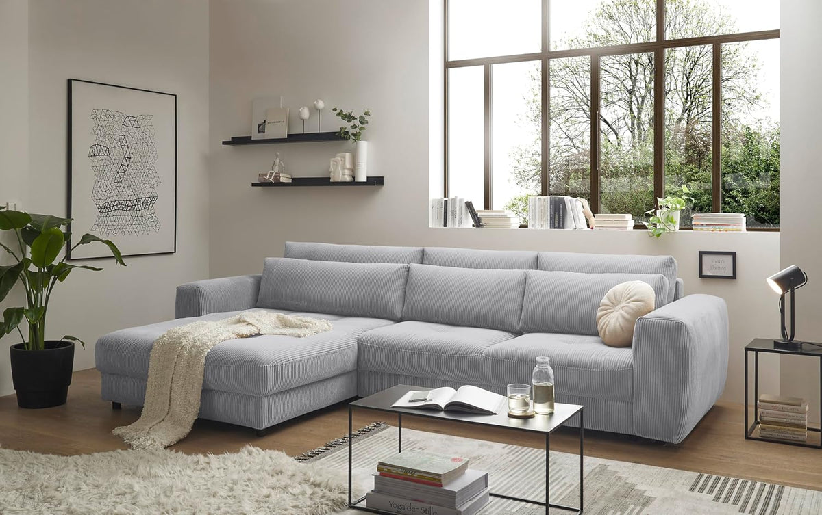 Sofa Stella Trading, 333x194 cm, Hellgrau, Ecksofa BARURA Cord, XXL Couch in L-Form mit grosser Liegefläche, inklusive Kissen