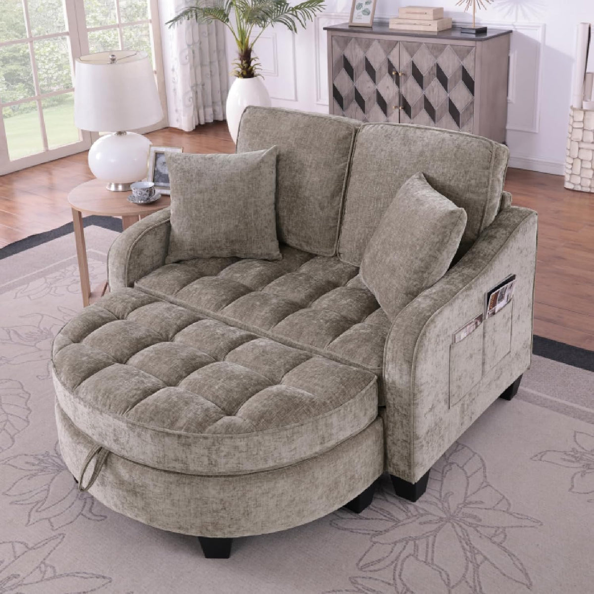Sofa HMHKHN, 132×129×93 cm, Braun, mit Schlaffunktion, Chaiselongue, 2-in-1 Schlafsofa, Aufbewahrungs-Hocker & 4 Kisse