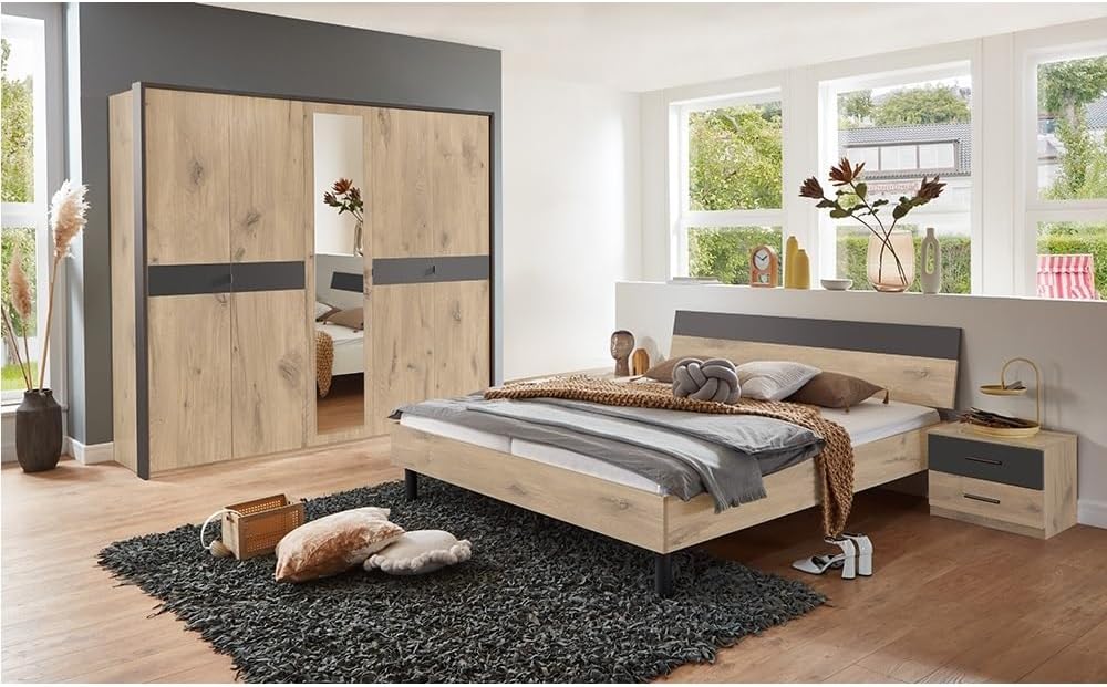 Lomadox Bett, 180x200 cm, Qualitätsspanplatte, beschichtet, Eiche/Graphit, Schlafzimmer Komplett Set 4-teilig, 1 Kleiderschrank