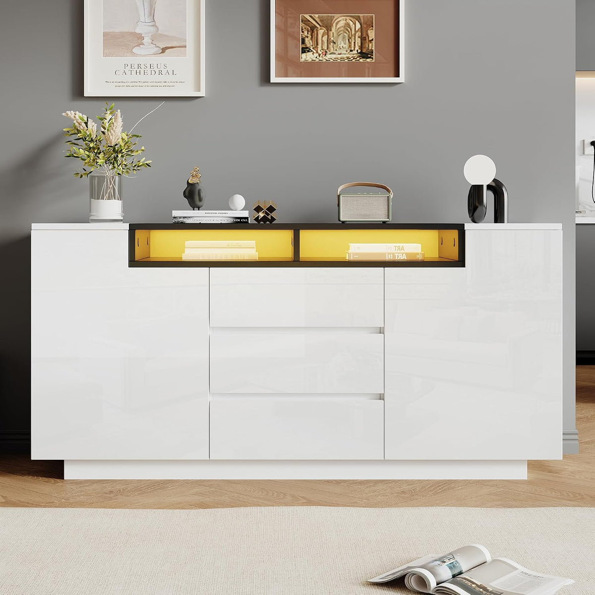 ModernLuxe Sideboard, 140x40x68 cm, 2 L, Weiss/Schwarz, LED Hochglanz Kommode, 3 Schubladen und -Türen