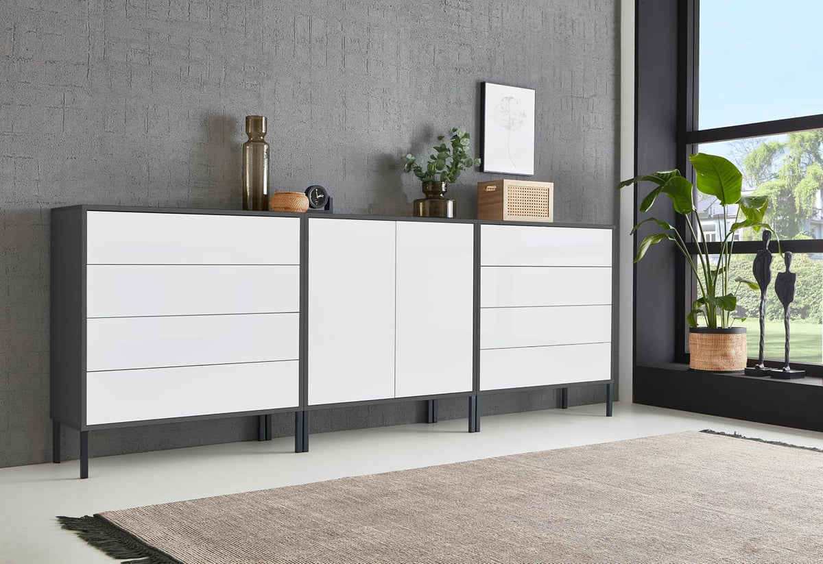 BMG Möbel Sideboard, Anthrazit/Weiss, Mailand Set 4, grifflos, Metallfüssen