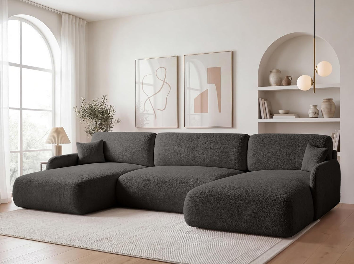 KP-Meble Sofa, 357x175 cm, Grau, U-Form Wohnlandschaft mit Schlaffunktion Bouclé Beige, Grosses Schlafsofa mit Bettkasten