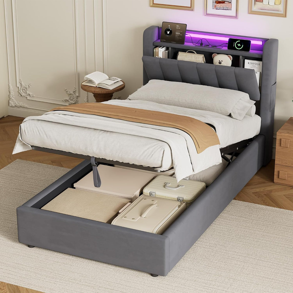 okwish Bett, 27 cm, Grau, Polsterbett 90x200 Jugendbett mit LED-Beleuchtung und, Doppelbett Stauraumbett mit Bettkasten und Stauraum-Kopfteil