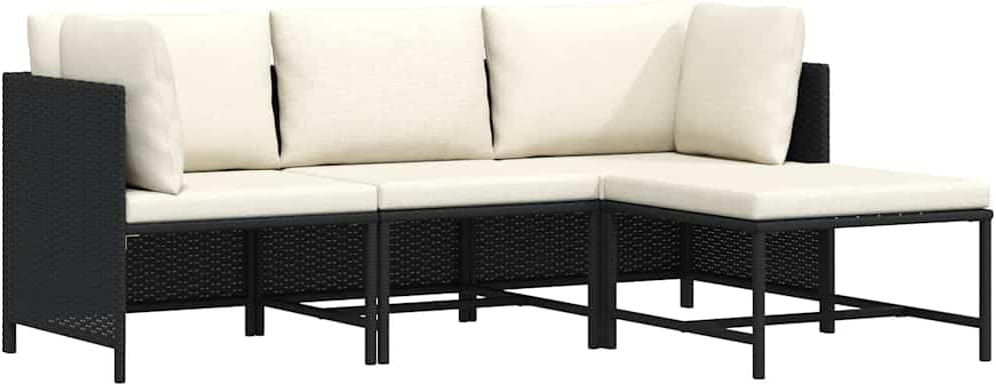 Sofa RCODSSK, PE-Rattan, Stahl, Schwarz/Creme, Modulares Ecksofa Poly Rattan Garten Lounge Set