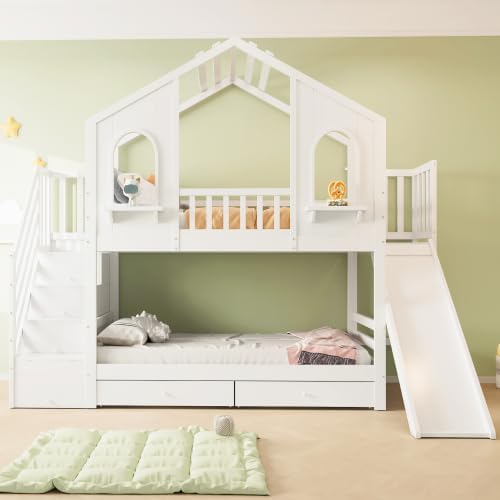 MYBOO Bett, 90 x 200 cm, Weiss, Etagenbett Kinderbett 90x200, Hausbett Hochbett mit Rutsche&Aufbewahrungsleiter&2