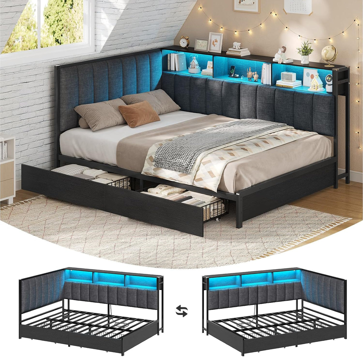 KIMENICH Bettrahmen, Grau/Schwarz, Polsterbett Schlafsofa 140x200 mit LED-Beleuchtung, Ladestation, Hohes Gepolstertes Kopfteil