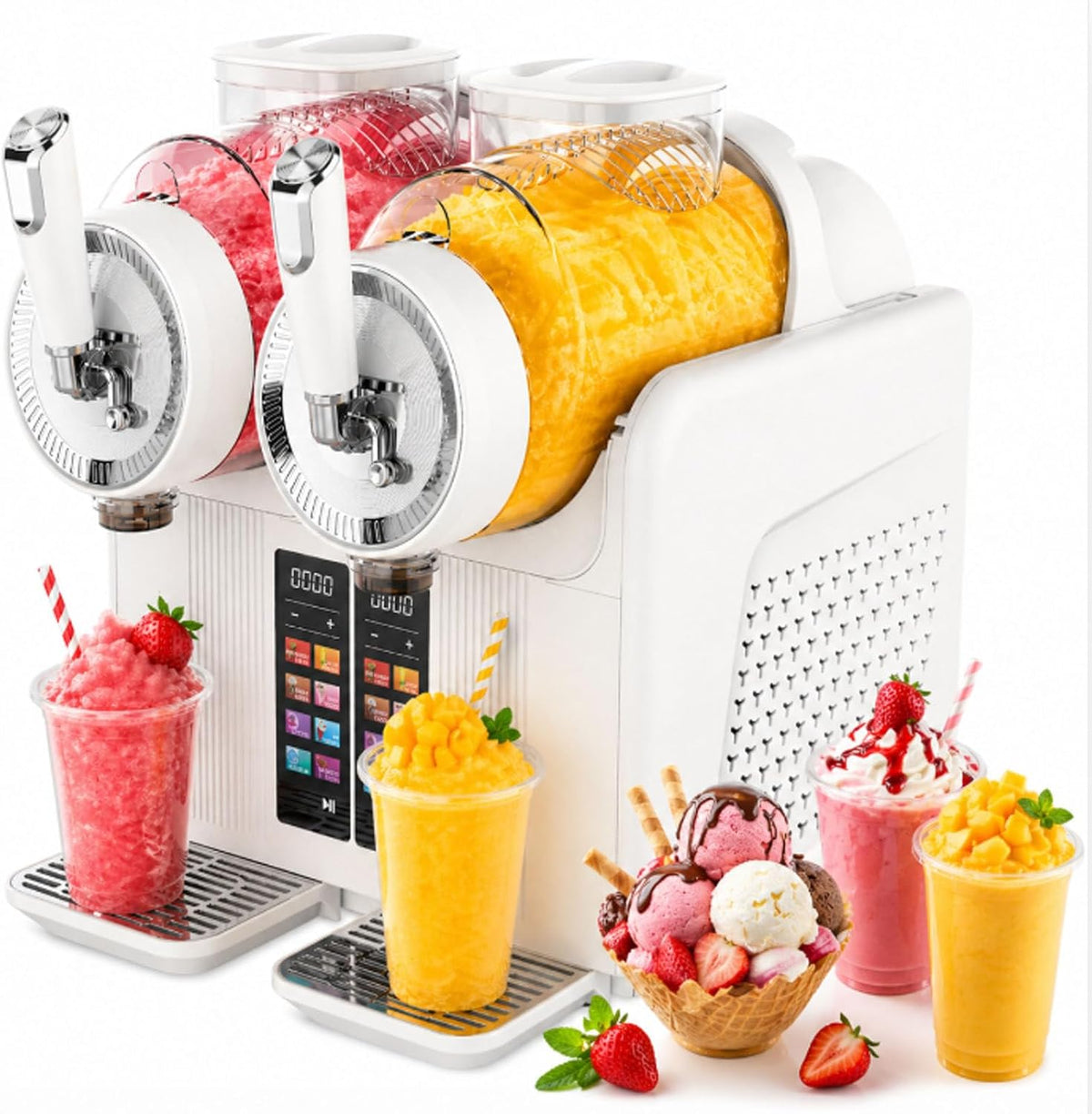 smafoseedding Eismaschine, 2 x 2 l (4000 ml), 430 W, Weiss, Slush-EIS-Maschine Mit Zwei Rührköpfen, Softeismaschine