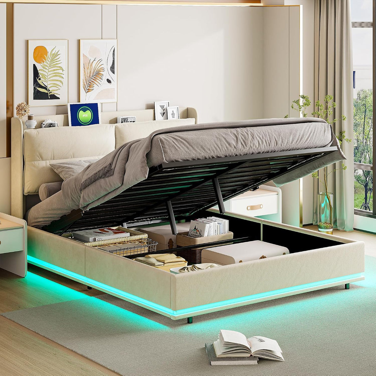 Zorvani Bettrahmen, 140x200 cm, Beige/Schwarz, Polsterbett, Doppelbett mit Stauraum und LED Beleuchtung, Funktionsbetten Rückenlehne Bettgestell