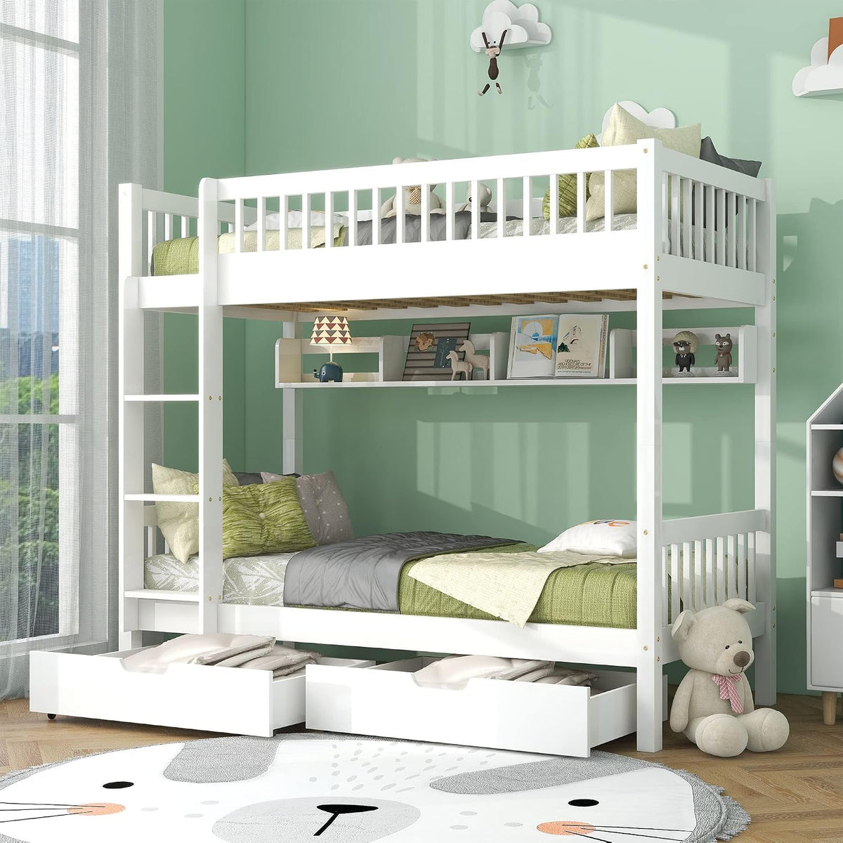 MQLAE Bett, Weiss, Etagenbett für 2 Kinder, Hochbett Kinderbett 90x200, Links oder rechts montierbare Treppe, mit Stauraum Regale und Schubladen