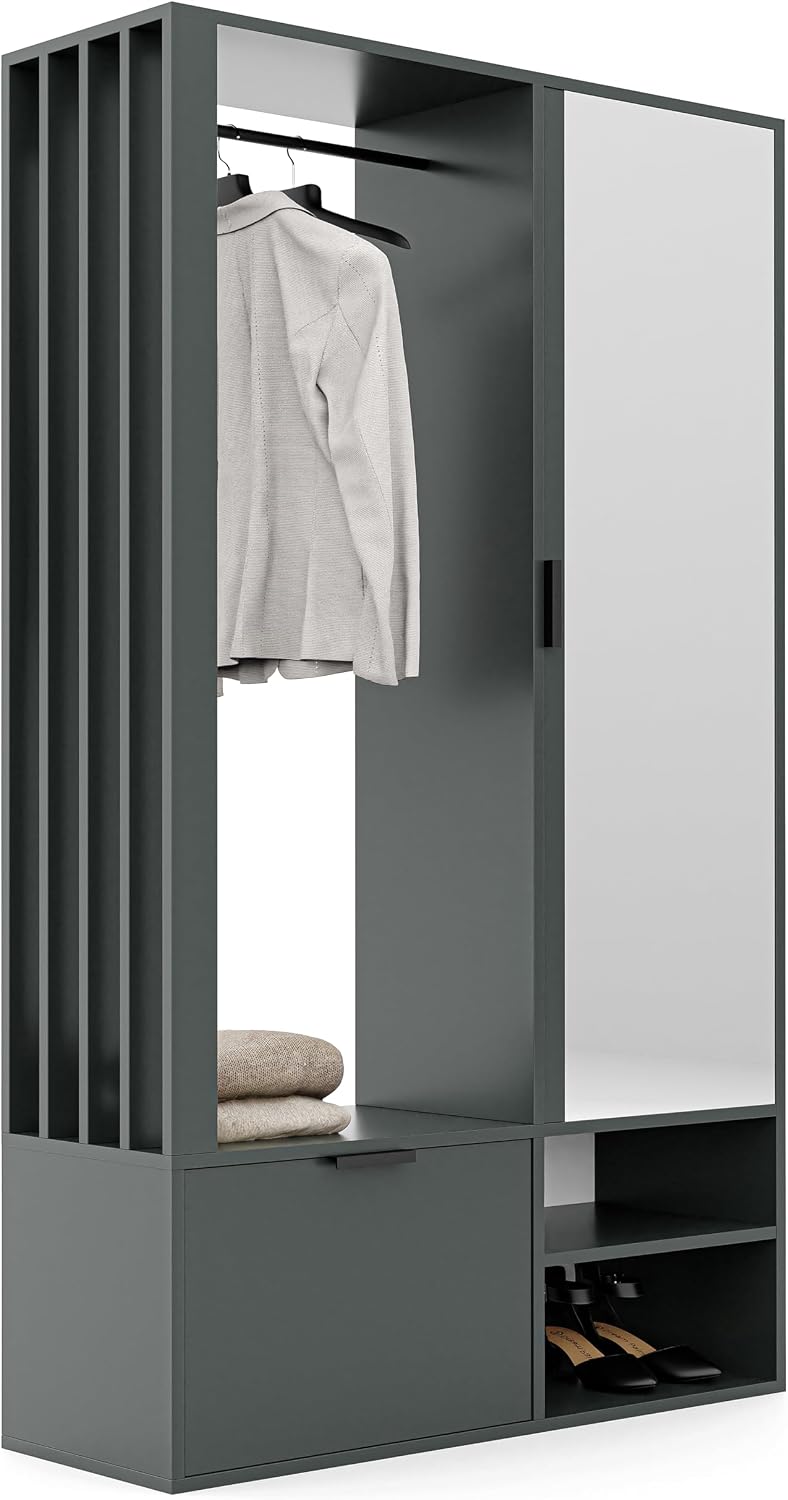 GREKPOL Schuhschrank, 100x33x190 cm, Dunkelgrau/Weiss, (Rechts/Links) Garderobe Set mit Spiegel - Flurgarderobe