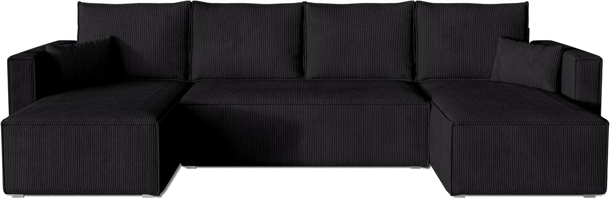 BROMARKT Sofa, 305x145x74 cm, Schwarz, Ecksofa mit Schlaffunktion Cord Eckcouch mit Bettkasten