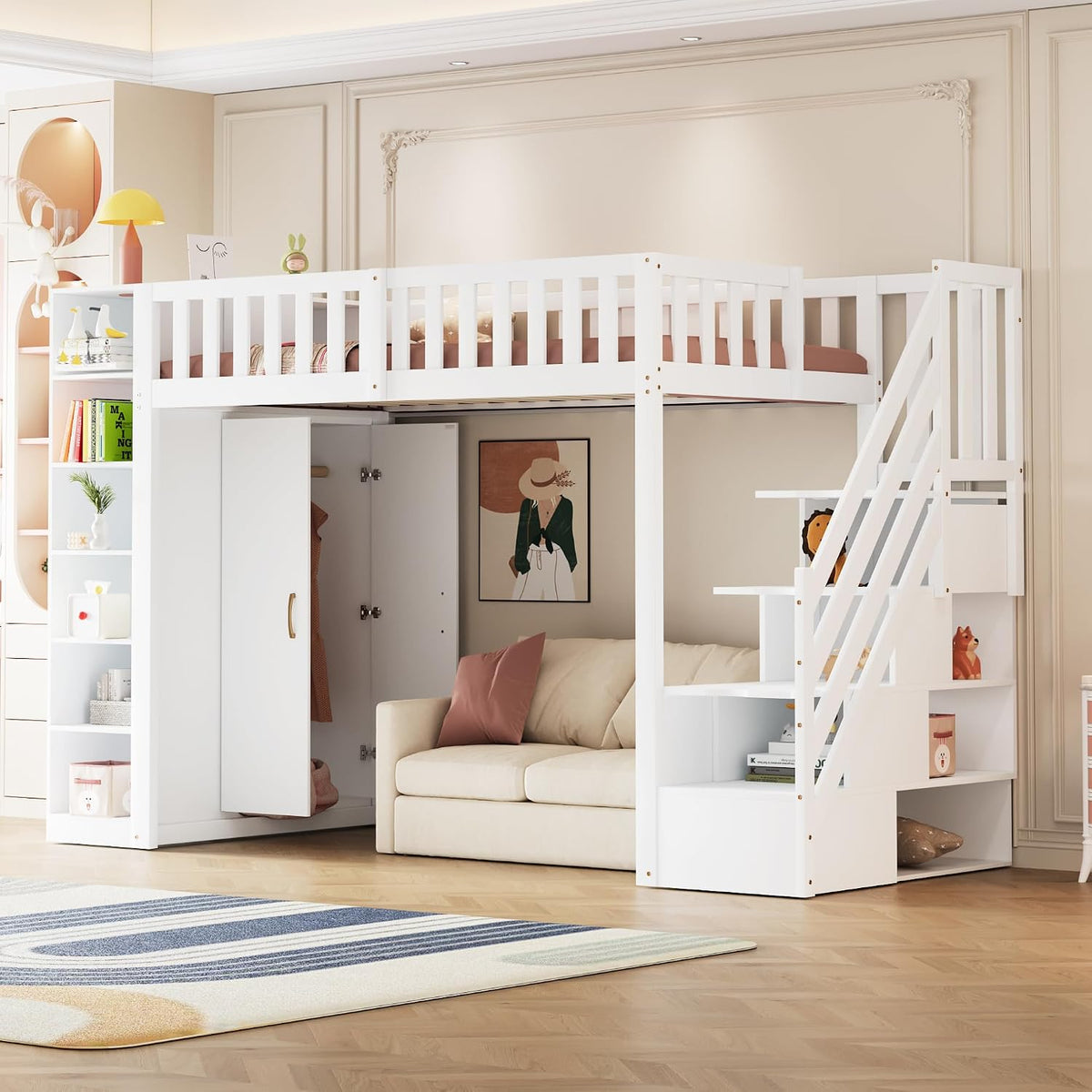 Merax Bett, 90 x 200 cm, Weiss, Hochbett 90x200 cm, Kinderbett mit Kleiderschrank, Stauraumschrank, platzsparendes Kinderhochbett für Kinderzimmer