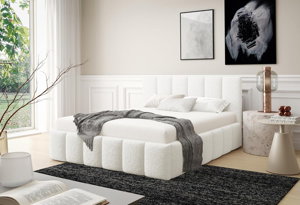 FURNISTAR Bett, Weiss, Polsterbett LINO mit Bettkasten, 160x200, Doppelbett mit Stauraum und Lattenrost, Boxspringbett-Optik