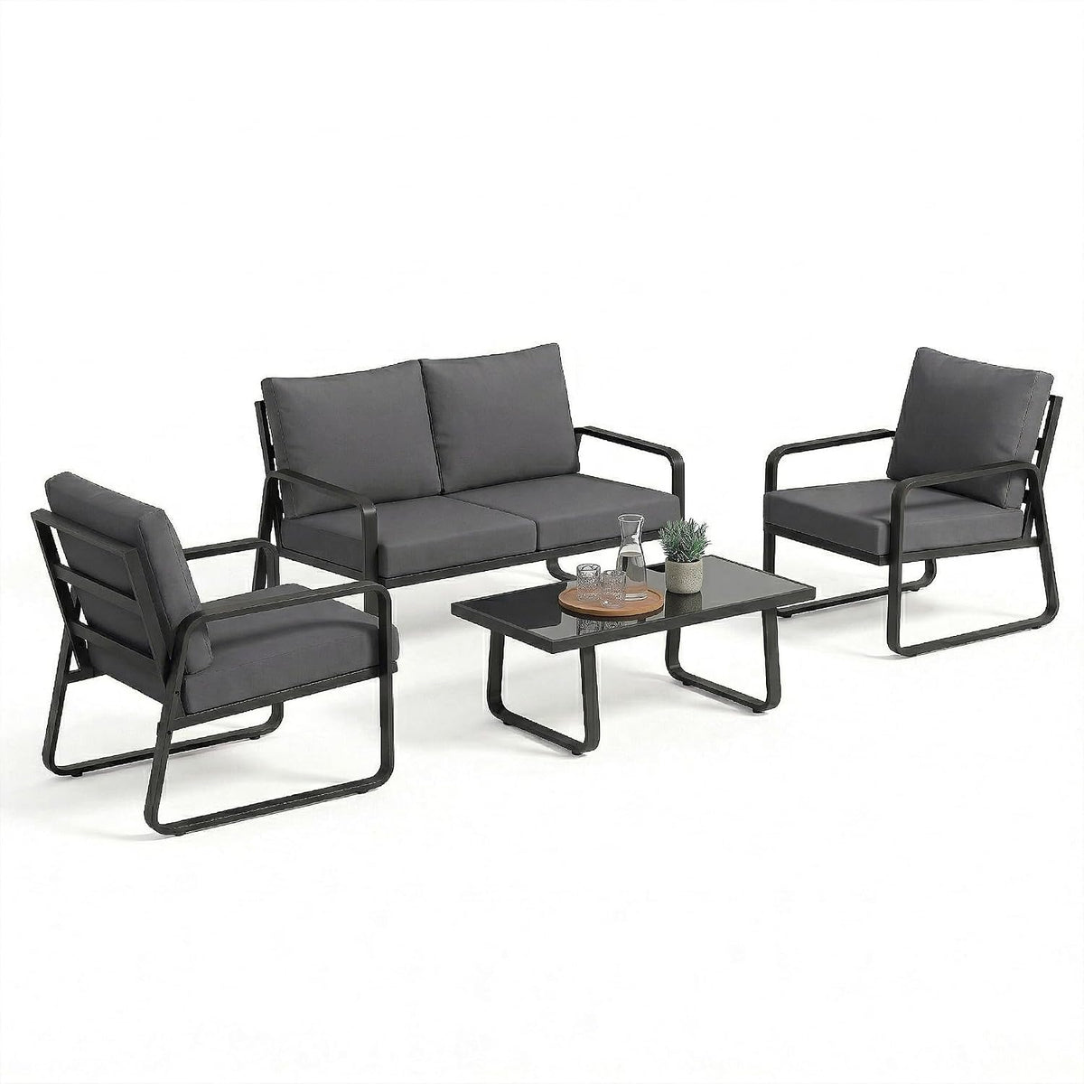 Outsunny Sofa, 16 cm, Schwarz/Grau, Gartenmöbel, 4-teilig, mit abnehmbarem Bezug, sehr dick, und Terrassen-Sessel aus robustem Metall