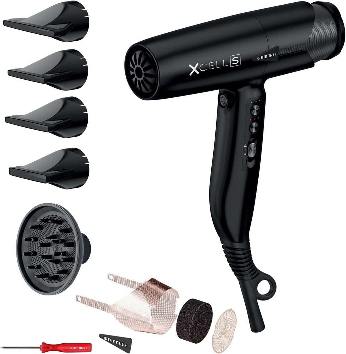 GAMMA+ Haartrockner, Schwarz, XCELL S Ionic, 290 g Ultraleichter mit bakterientötender Wirkung, Leise, Smart Memory