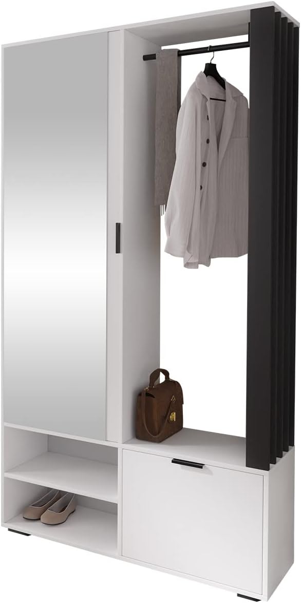 Mirjan24 Schuhschrank, Weiss/Schwarz, Garderoben-Set Raldento mit Spiegel, Kleiderstange, und Fächer, Wandgarderobe