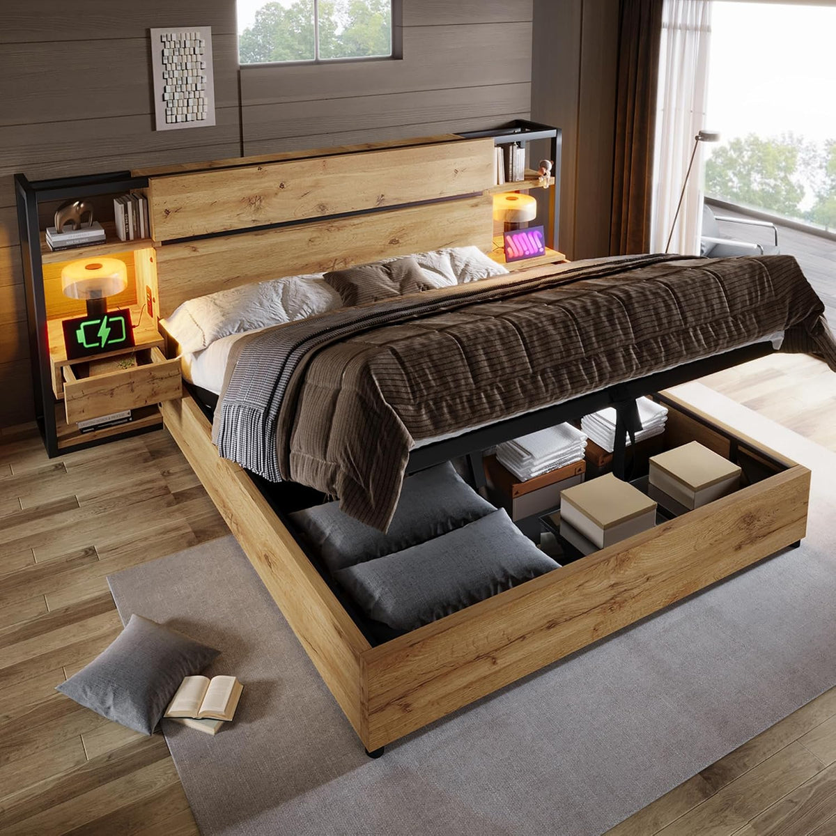 Kebnor Bettrahmen, 180×200 cm, Eichenfarbe, Holzbett Doppelbett, Hydraulisches Stauraumbett, Stauraum-Kopfteil mit Schubladen und USB&Type-C