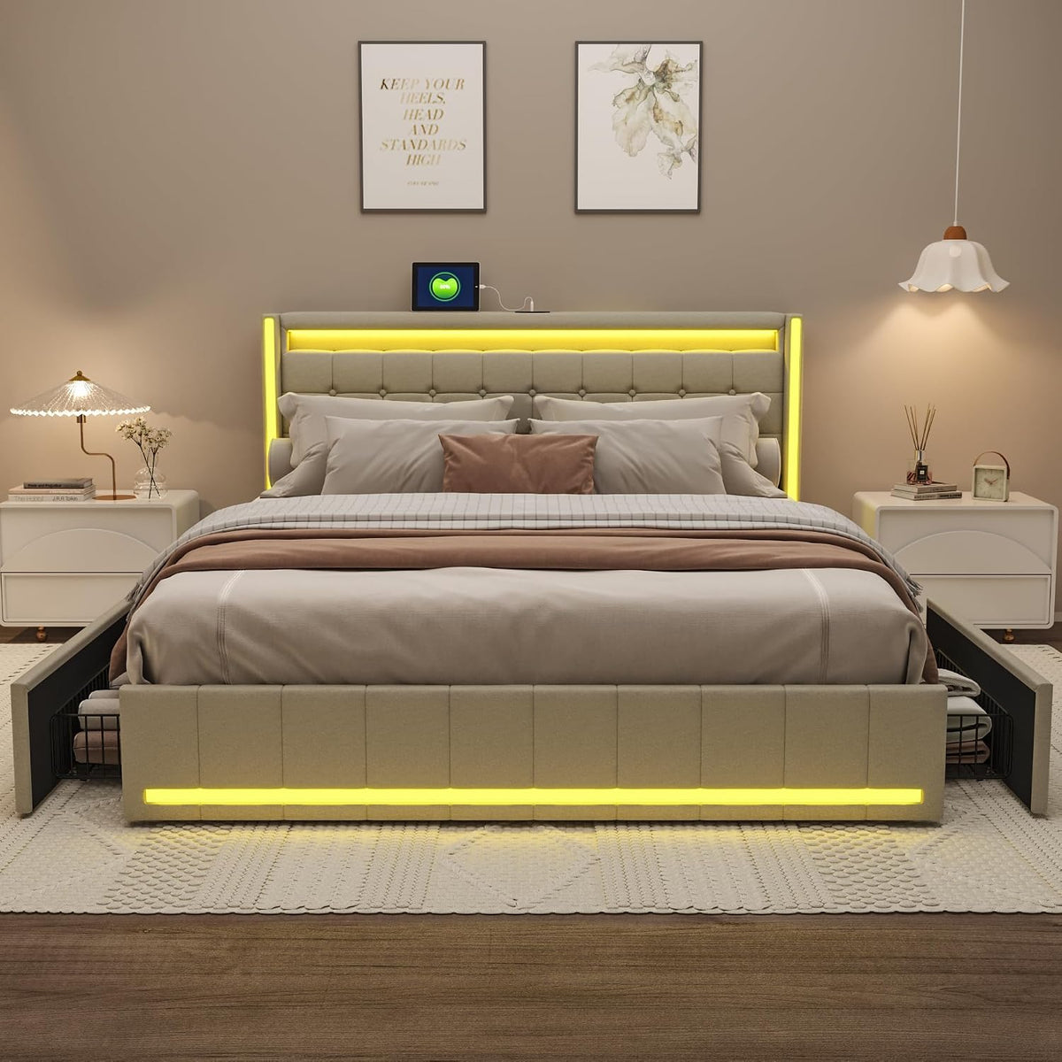 BRILVERDE Bett, 180x200 cm, 180x200 cm, Leinen, Beige, Polsterbett Doppelbett mit stauraum, Stauraumbett mit 4 schubladen