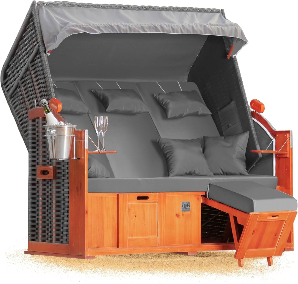 Strandkorb Hanse Tablet, 160 cm, Grau/Holz, Ostsee 2, 5 Sitzer Klassik XXL breit - Volllieger bereits montiert, Balkon und Terrasse